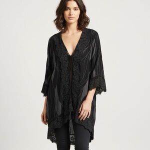 Johnny Was Floral Embroidered Patchwork Rayon Duster Dark Kimono Tunic Small